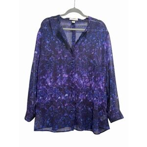 Coldwater Creek Womens Sheer Floral Top Button Up Long Sleeve 2X Purple Gold